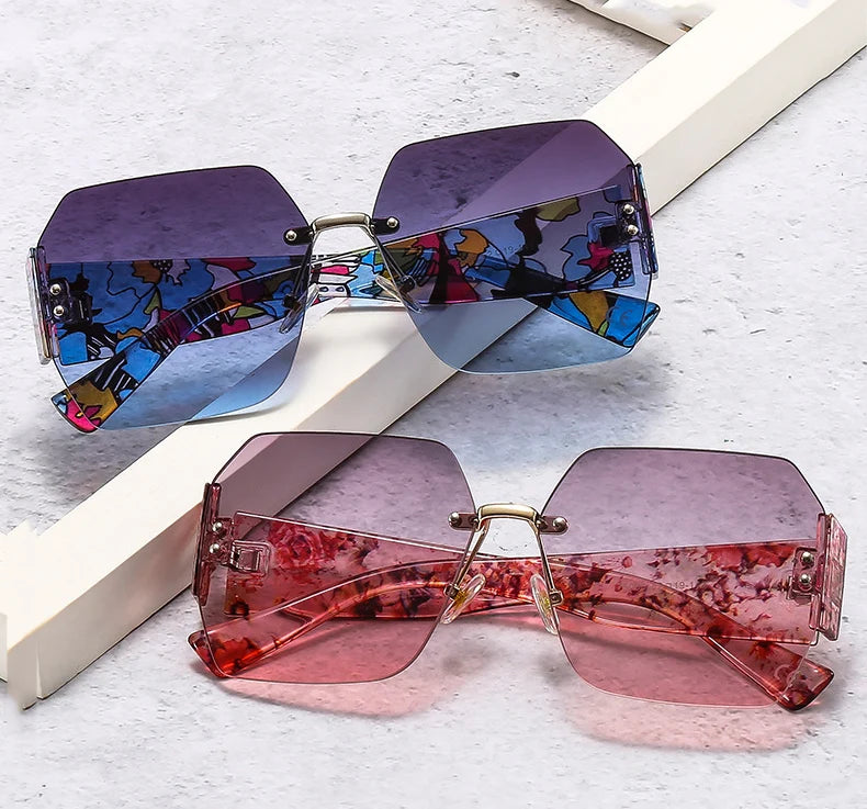 Fashion Rimless Sunglasses Women Square Flower Shades